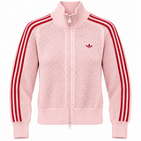 Jaqueta de tricô rosa da Adidas Originals com zíper e três listras vermelhas nas mangas