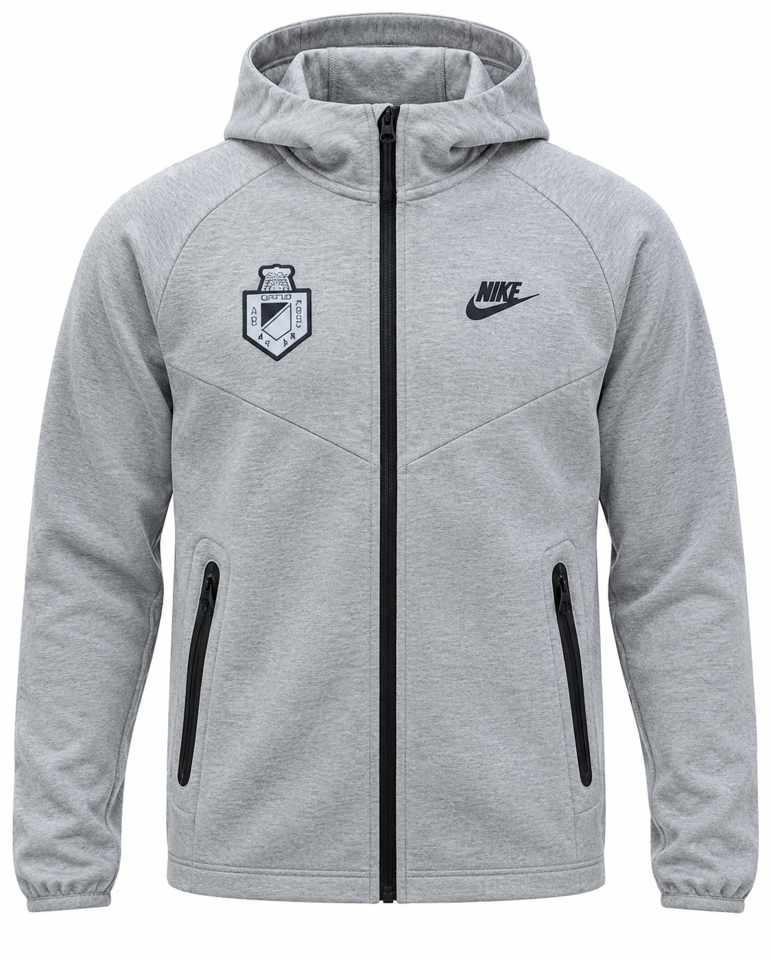 Chaqueta gris jaspeada de Atlético Nacional con capucha, cremallera negra y el escudo del club al pecho, foto de estudio
