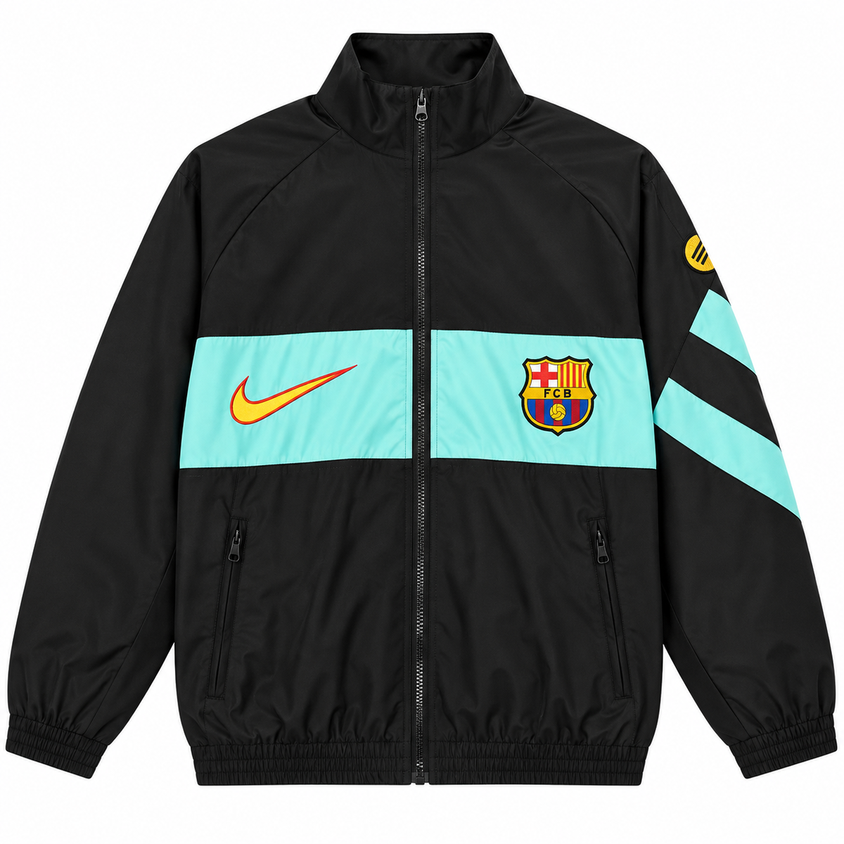FC Barcelona black jacket with a turquoise band across the chest and an orange logo