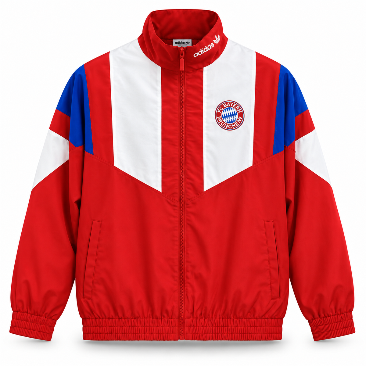 Chaqueta retro roja del Bayern Múnich de Adidas con bloques blancos y azules, cremallera completa y el escudo al pecho
