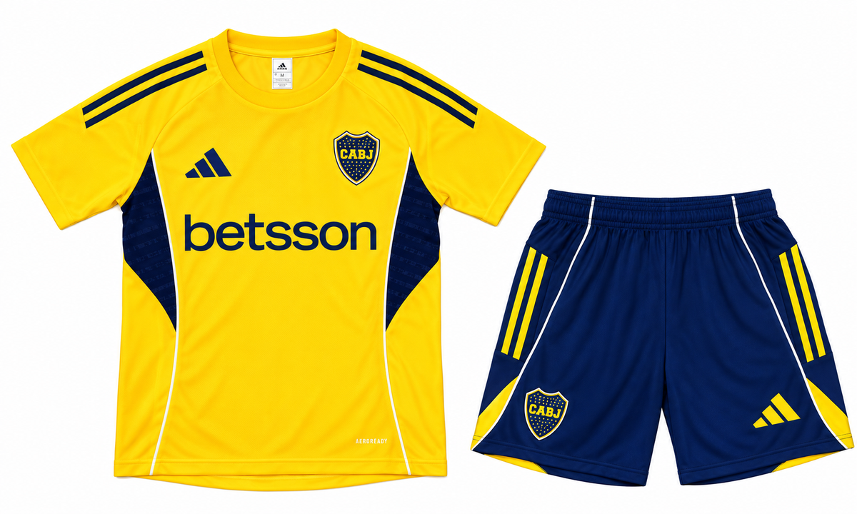 Conjunto de Boca Juniors amarillo: camiseta amarilla con costados azul oscuro y betsson, y pantaloneta azul oscuro