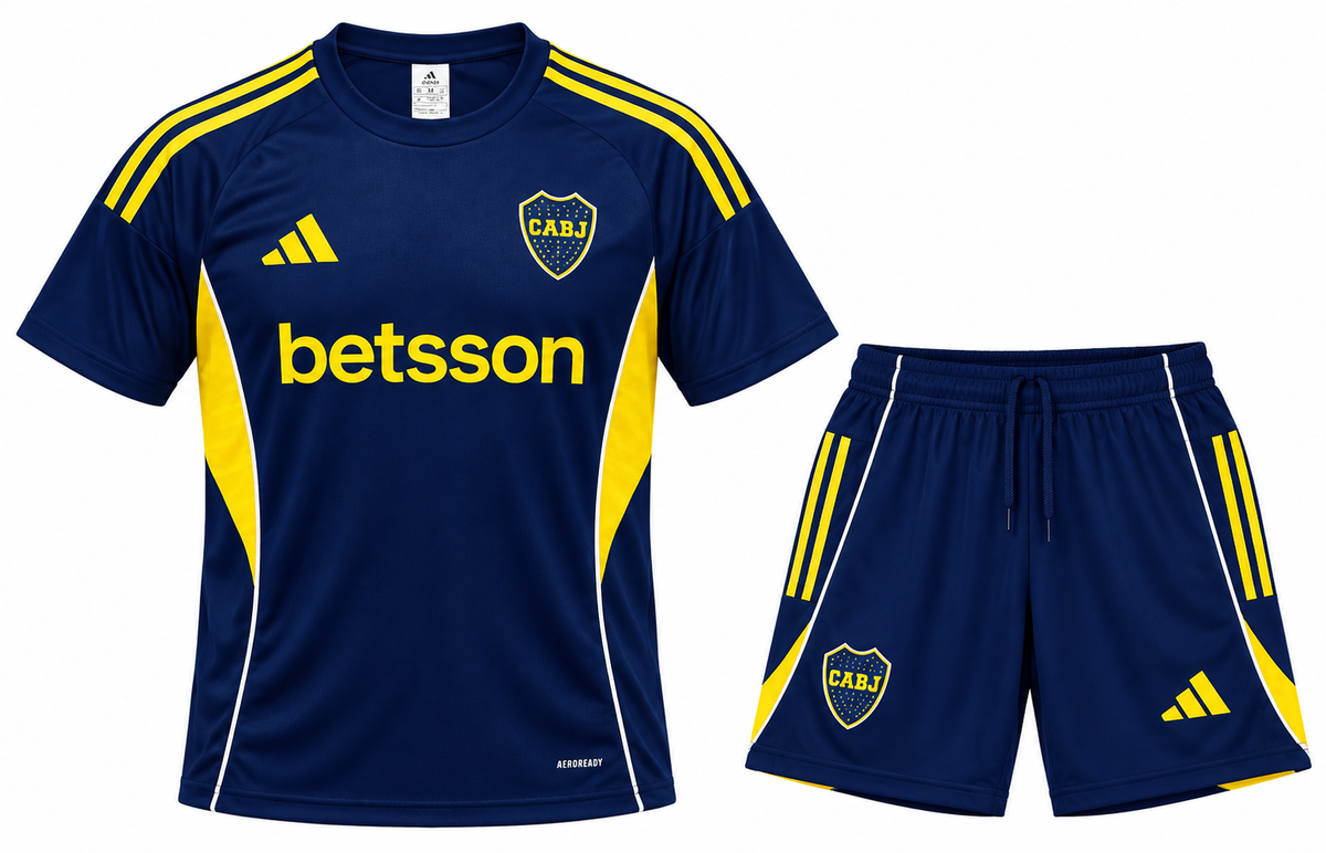 Boca Juniors navy set: jersey with yellow sides and betsson, plus navy shorts