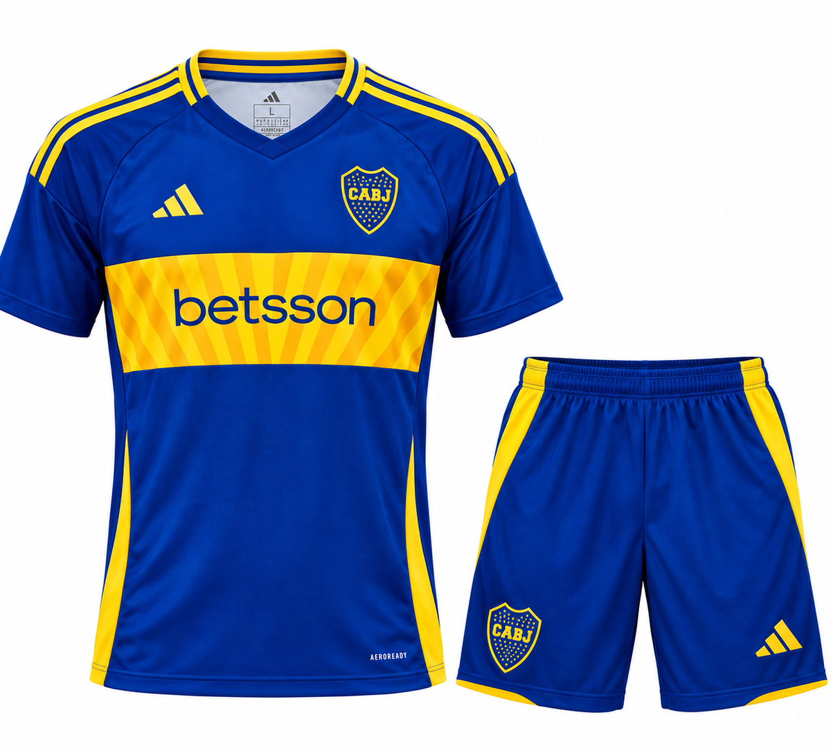 Conjunto local de Boca Juniors: camiseta azul rey con franja amarilla y betsson, y pantaloneta azul