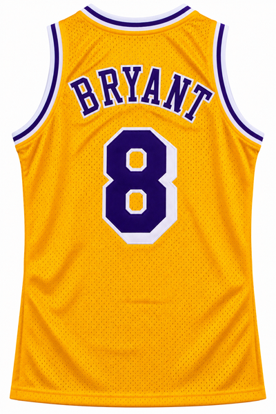 Costas da regata amarela do Los Angeles Lakers com BRYANT e o 8