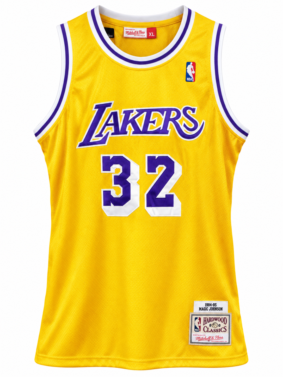 Regata amarela do Los Angeles Lakers com o 32 de Magic Johnson, sem mangas