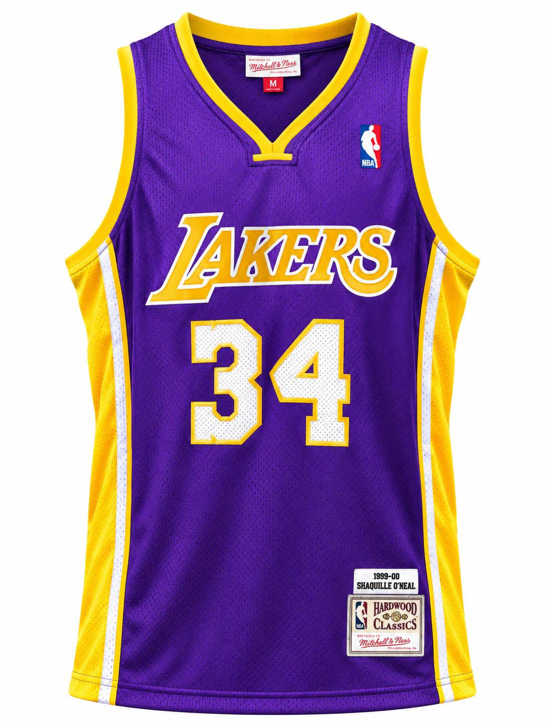 Regata roxa do Los Angeles Lakers com o 34 de Shaquille O'Neal, sem mangas