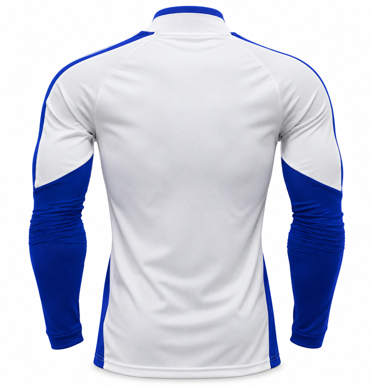 Espalda del fleece blanco de Boca Juniors, con rayas azul rey en los hombros