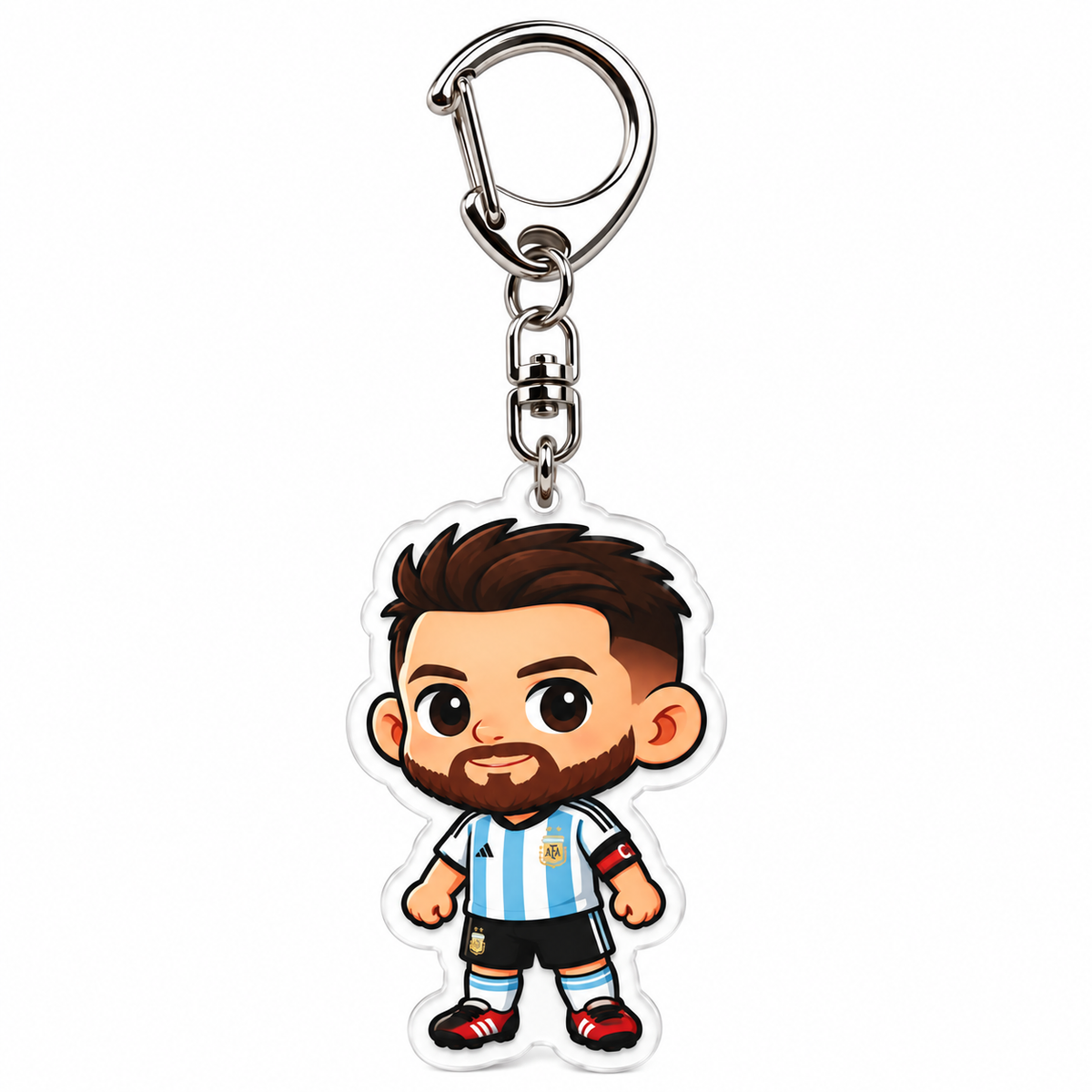 Chaveiro de acrílico do Messi com a camisa albiceleste da Argentina, braçadeira de capitão e calção preto