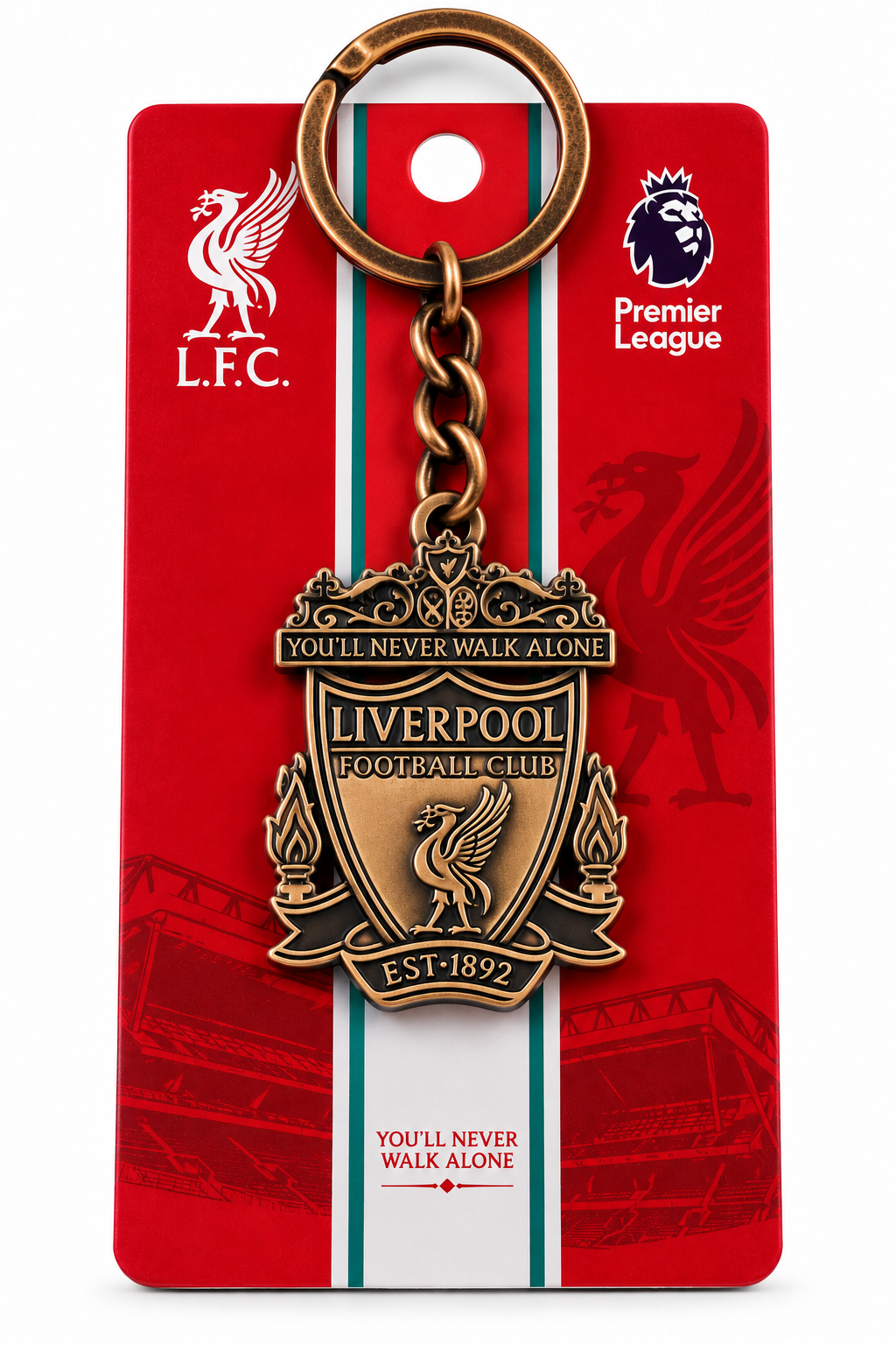 Llavero del Liverpool con el escudo You'll Never Walk Alone en metal color cobre, en tarjeta roja