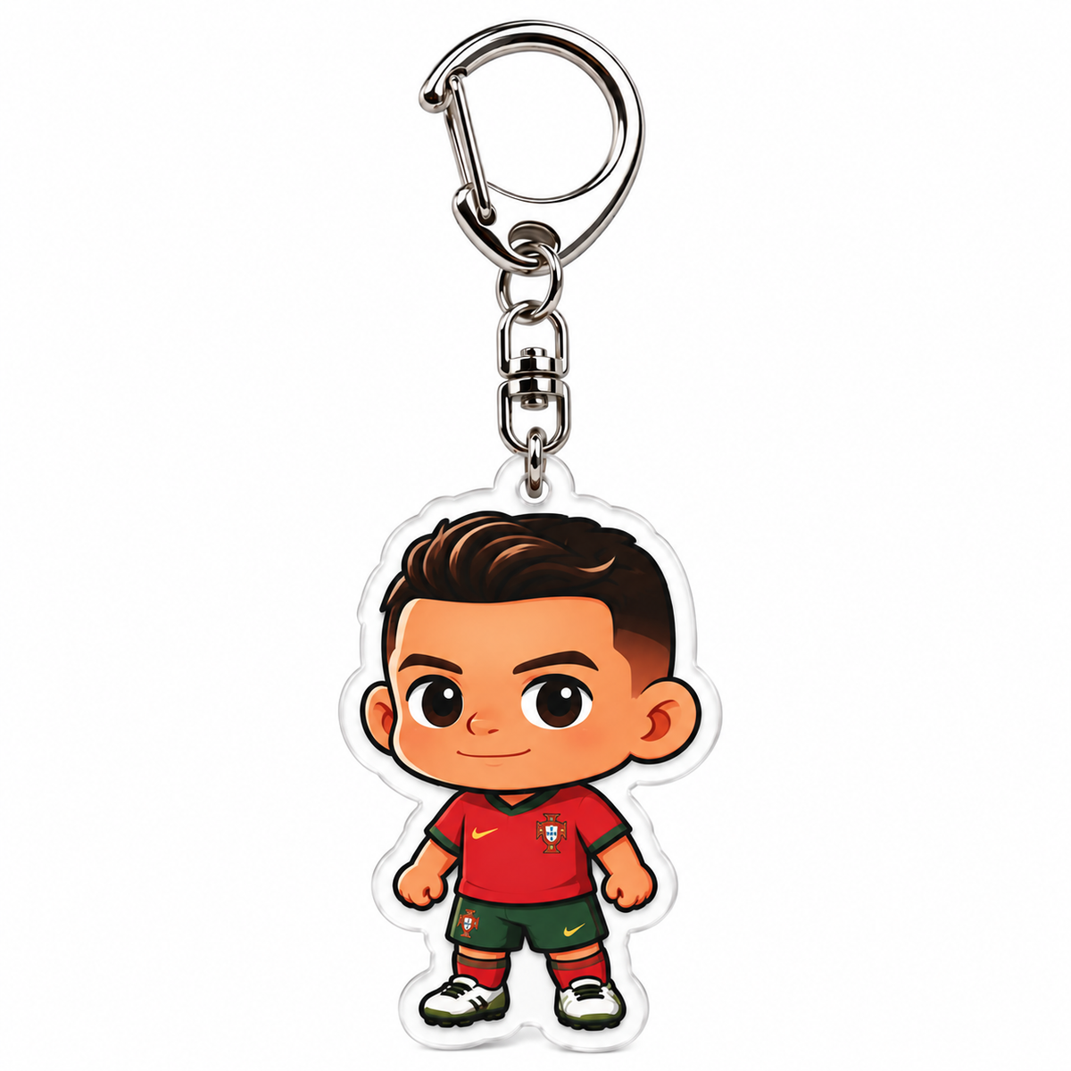 Llavero de acrílico de Cristiano Ronaldo con la camiseta roja de Portugal y pantaloneta verde