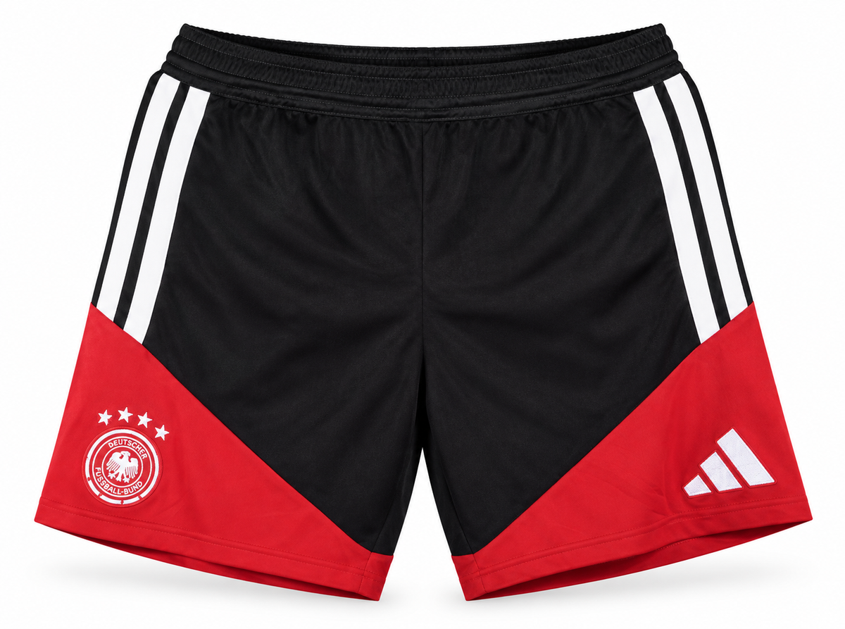 Pantaloneta negra y roja de Alemania con paneles rojos en diagonal, escudo y el logo de Adidas