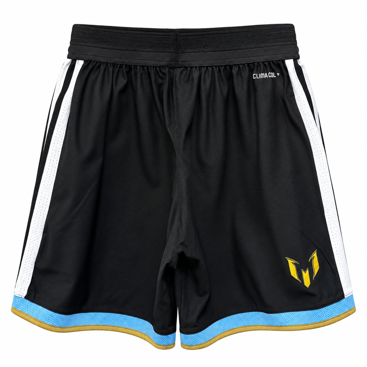 Back of the black Argentina x Messi shorts with the gold Messi logo and sky blue hem
