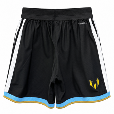 Costas do calção preto Argentina x Messi com o logo do Messi em dourado e barra celeste