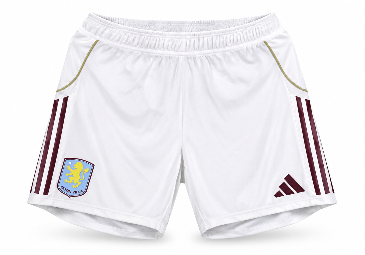 Pantaloneta blanca del Aston Villa con tres rayas vinotinto, escudo y el logo de Adidas