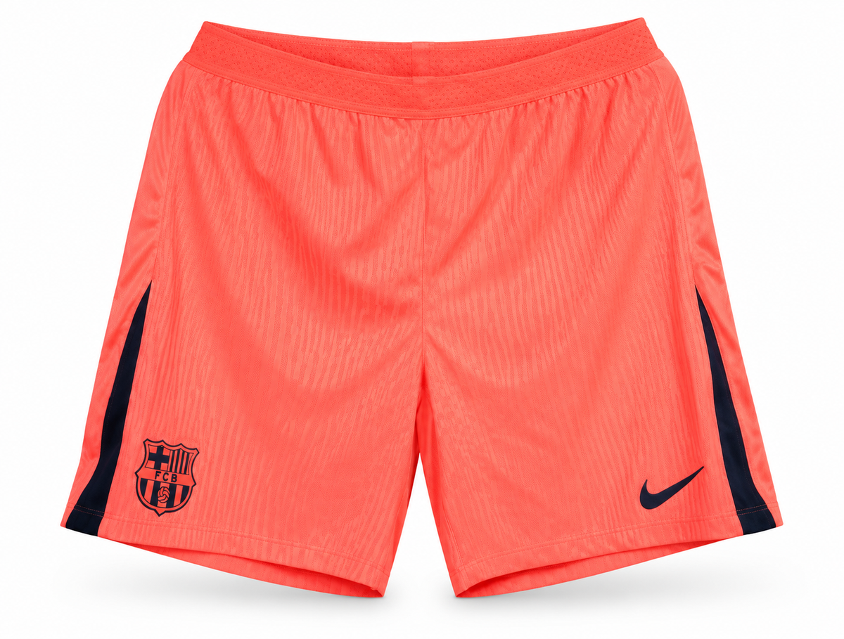 Coral Barcelona shorts with navy trim, the crest and the Nike logo