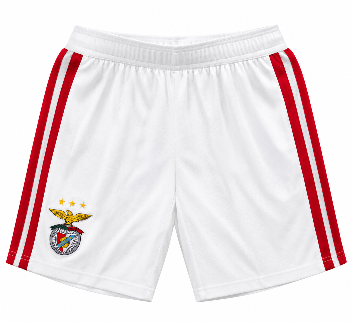 Pantaloneta blanca del Benfica con dos franjas rojas a cada lado y el escudo del águila con tres estrellas
