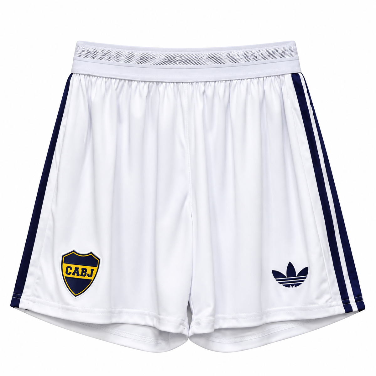 White Boca Juniors 2026-27 away shorts with navy side stripes, CABJ crest and navy trefoil
