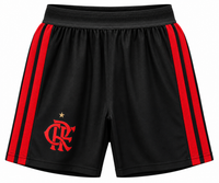 Pantaloneta negra de Flamengo con franjas rojas a los lados y el escudo CRF rojo