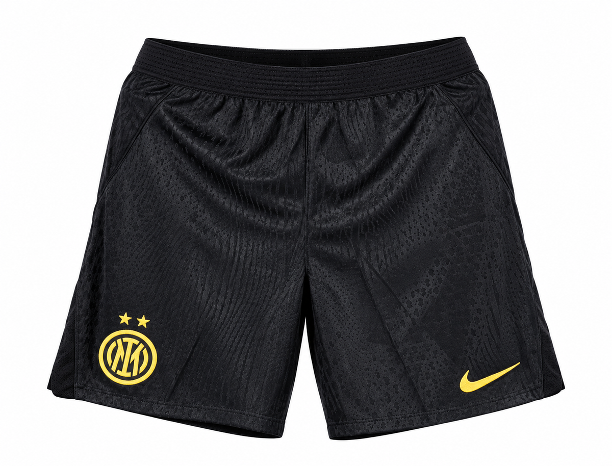 Black Inter Milan shorts with yellow crest and logo, the crest and the Nike logo