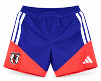 Blue and red Japan shorts with diagonal coral red panel, the crest and the Adidas logo