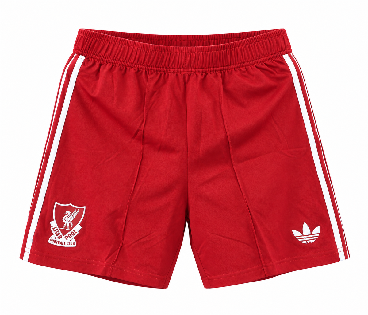 Red retro Liverpool shorts with retro crest and white stripes, the crest and the Adidas trefoil