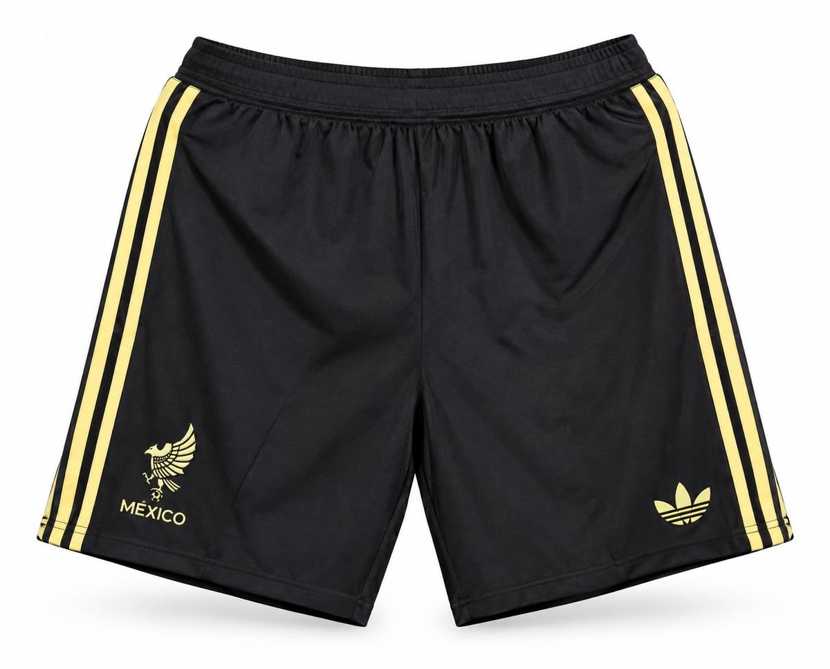 Black and gold Mexico shorts with gold stripes and eagle, the crest and the Adidas trefoil