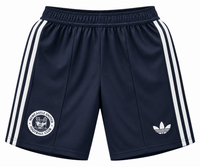 Calção azul-marinho do Newcastle United com três listras brancas e o escudo redondo