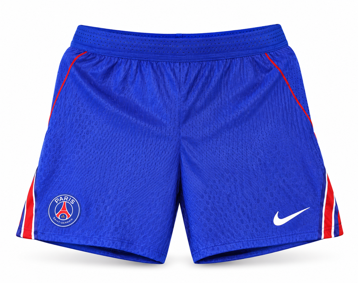Blue PSG shorts with red side trim, the crest and the Nike logo