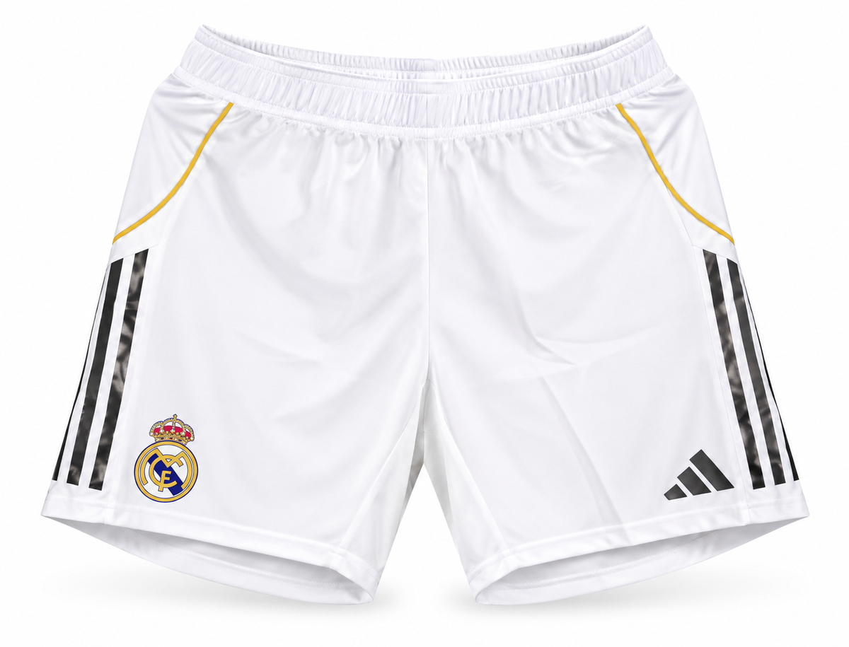 Calção branco do Real Madrid com listras pretas e friso dourado, escudo e o logo da Adidas