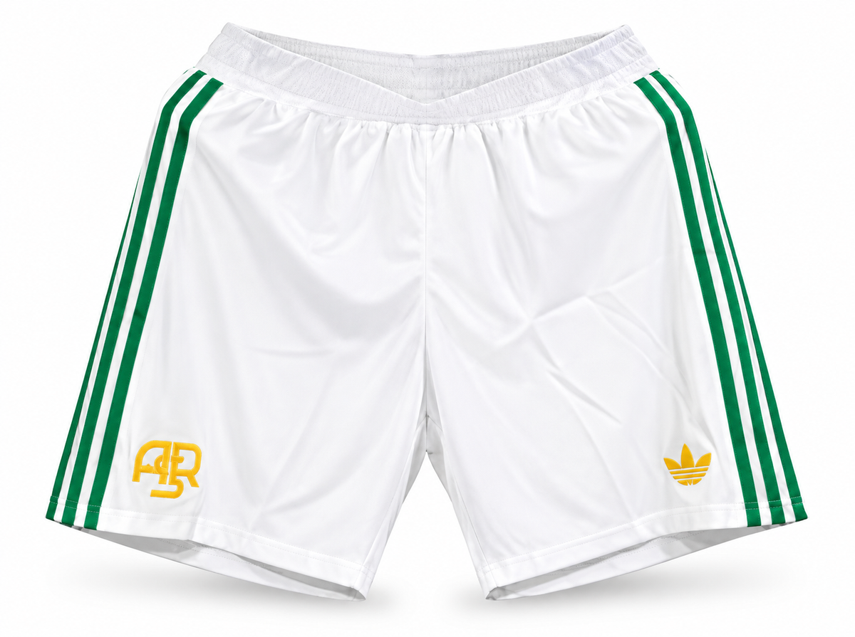 White and green Roma shorts with green stripes and ASR monogram, the crest and the Adidas trefoil