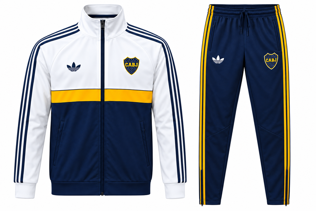 Sudadera retro de Boca Juniors blanca y azul marino con franja amarilla y pantalón con tres franjas