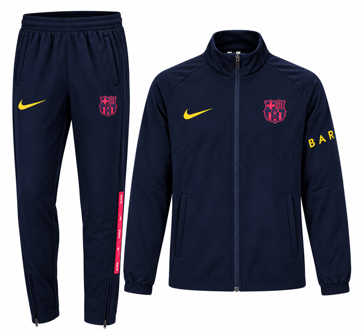 Agasalho do FC Barcelona azul-marinho: jaqueta com zíper e calça com escudo