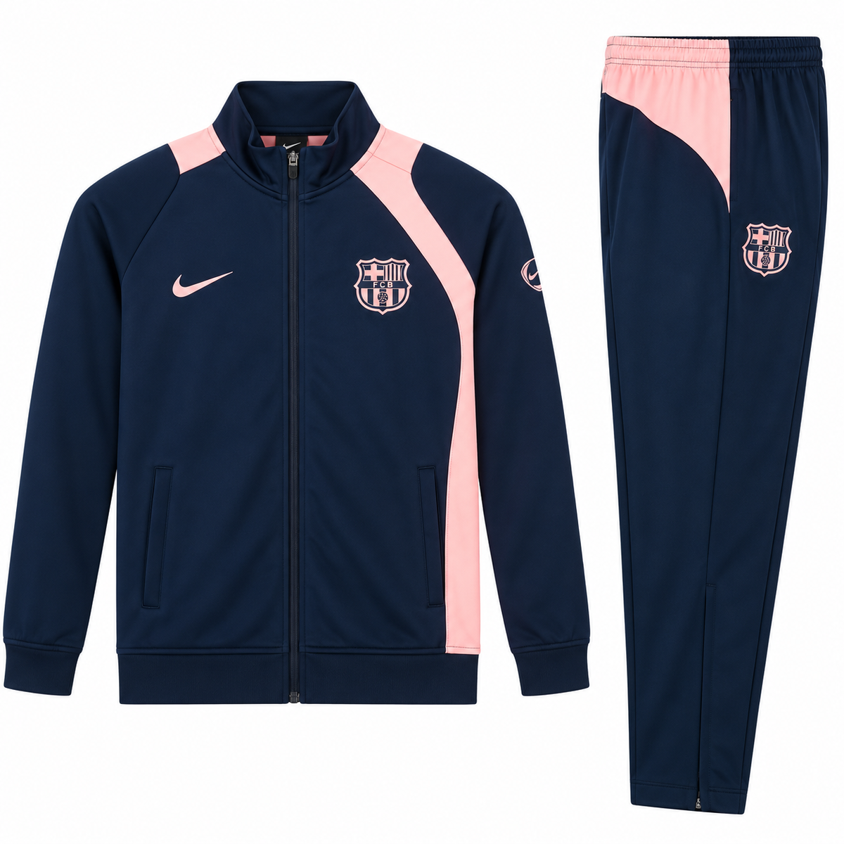 Conjunto de sudadera del FC Barcelona azul oscuro con paneles rosados en hombro y costado y el escudo del club sobre el pecho