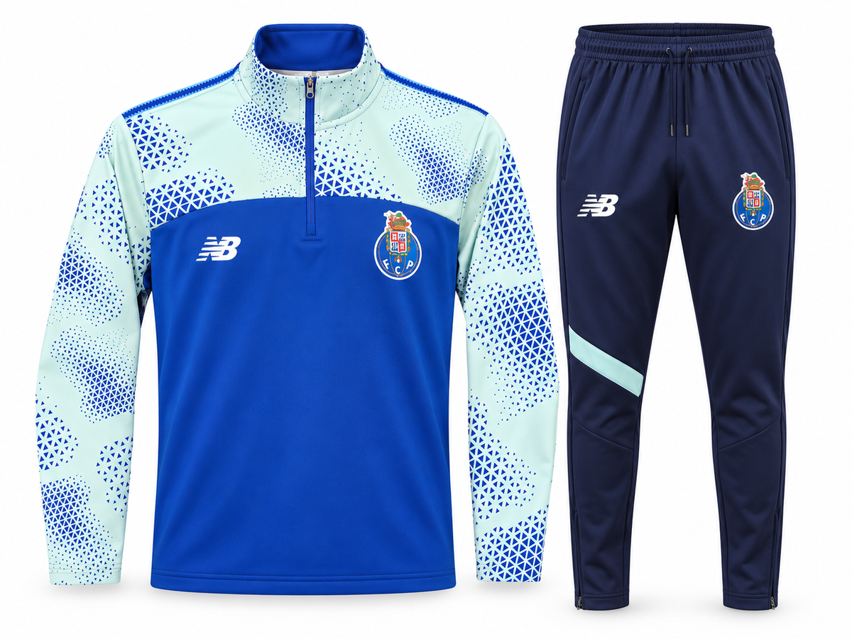 Agasalho de treino do FC Porto: blusa azul royal de meio zíper e calça azul-marinho