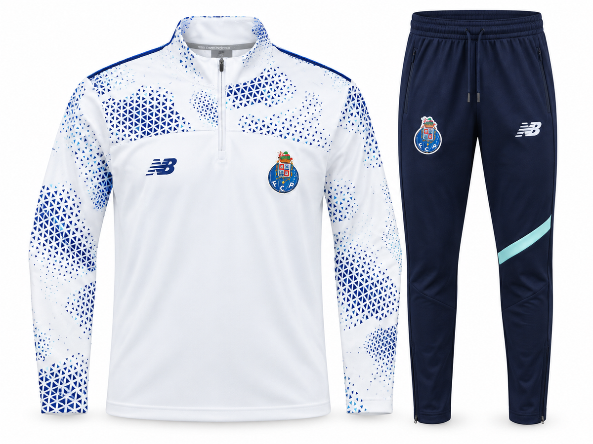 Sudadera de entrenamiento del FC Porto: buzo blanco de medio cierre y pantalón azul marino