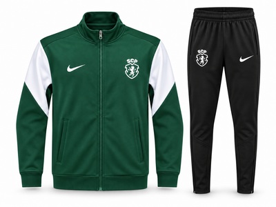 Sudadera de entrenamiento del Sporting de Lisboa: chaqueta verde con mangas blancas y pantalón negro, otro ángulo