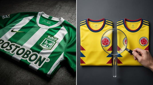 Camiseta verde y blanca de Atlético Nacional junto a dos camisetas amarillas de Colombia bajo una lupa: cómo reconocer la calidad 1:1