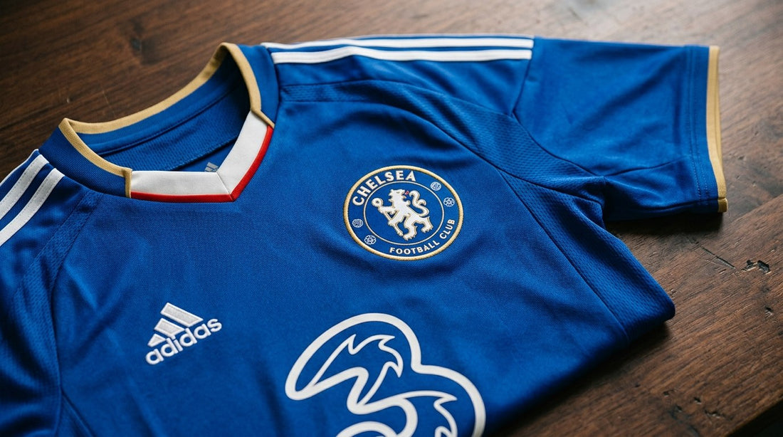 Camiseta de fútbol azul sobre una mesa de madera, para comparar la calidad AAA y la 1:1