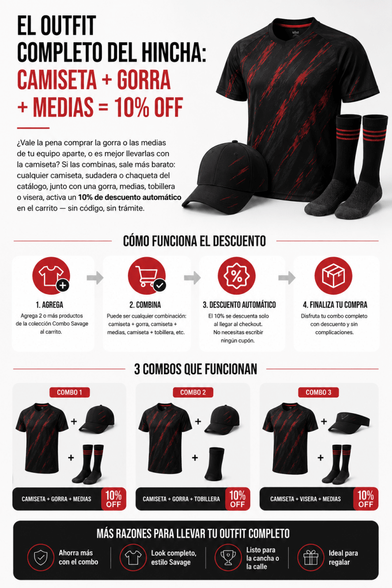 El outfit completo del hincha: camiseta + gorra + medias, con 10% de descuento - Velocity Savage