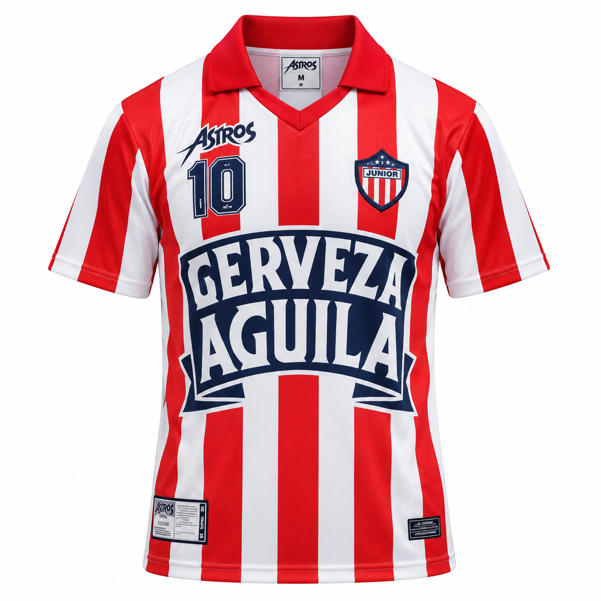 Camiseta Retro Junior 1995 Pibe Valderrama 10, rayas rojas y blancas con Cerveza Águila al pecho - frente