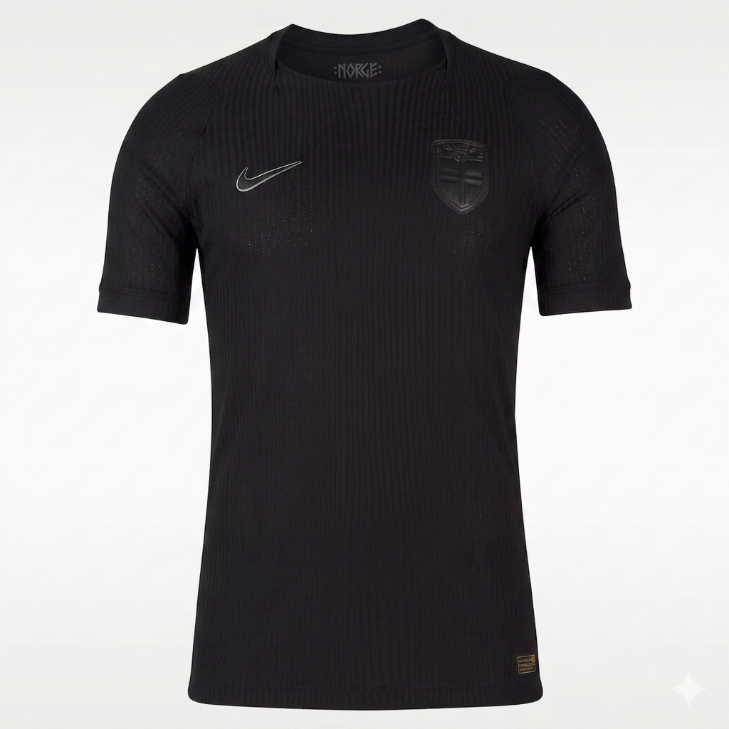 Camiseta Noruega Visitante 2026 en plano detalle premium de frente para tienda urbana