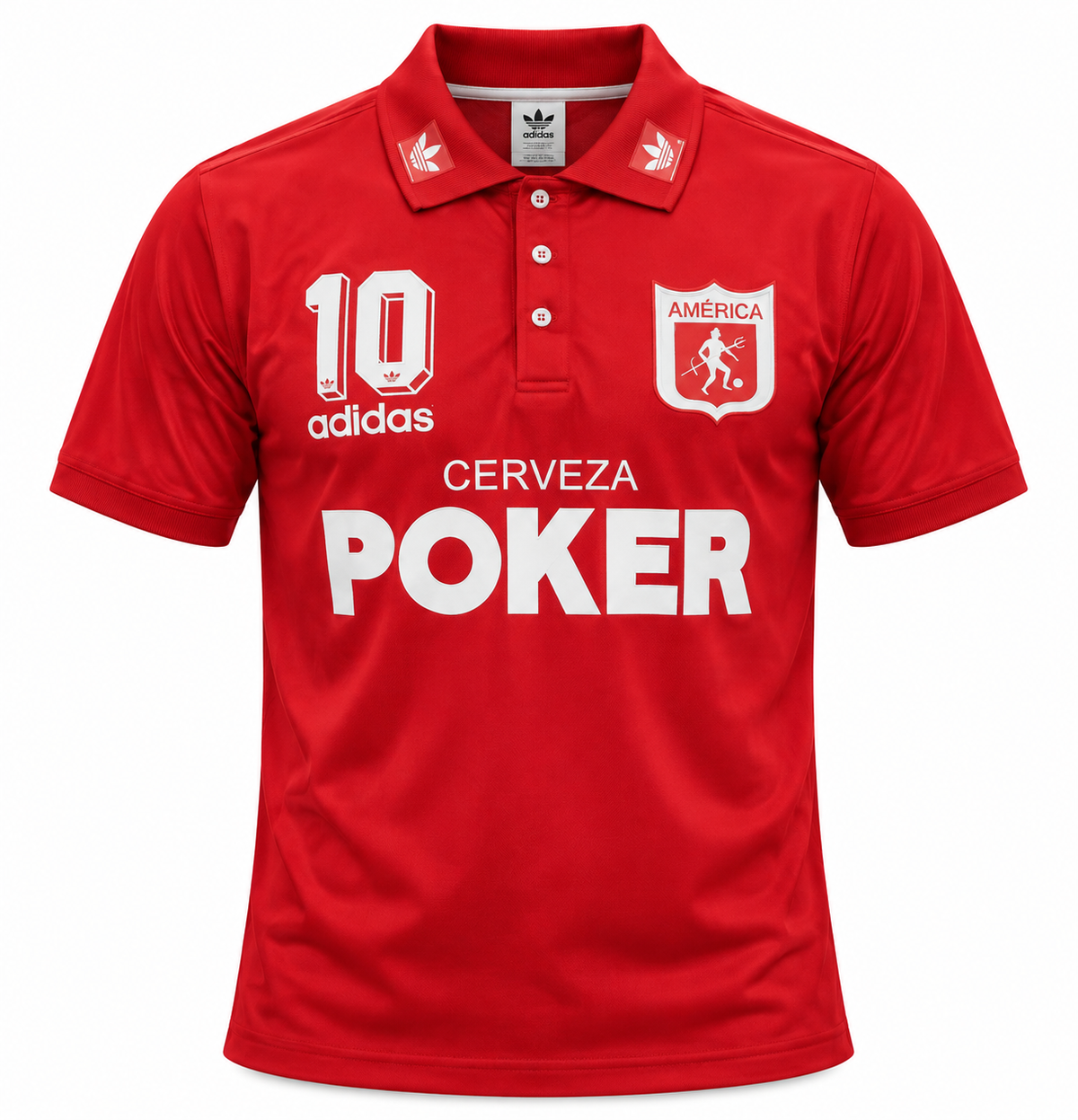 Camiseta Retro América de Cali 1995 Álex Escobar 10, roja con Cerveza Poker y el 10 al pecho - frente