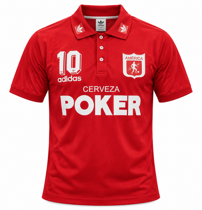 Camiseta Retro América de Cali 1995 Álex Escobar 10, roja con Cerveza Poker y el 10 al pecho - frente
