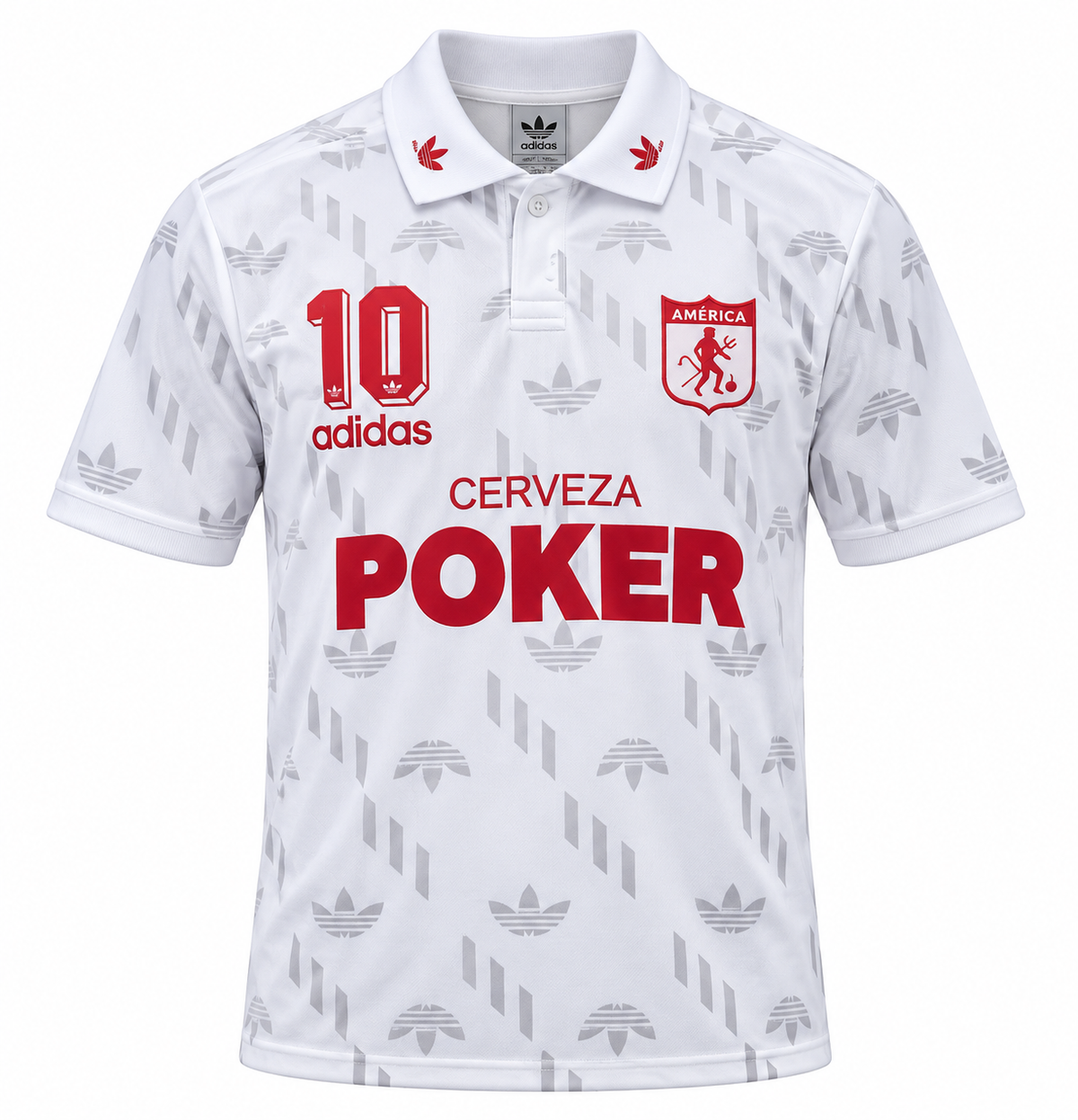 Camiseta Retro América de Cali 1995 en blanco con Cerveza Poker y el 10 al pecho