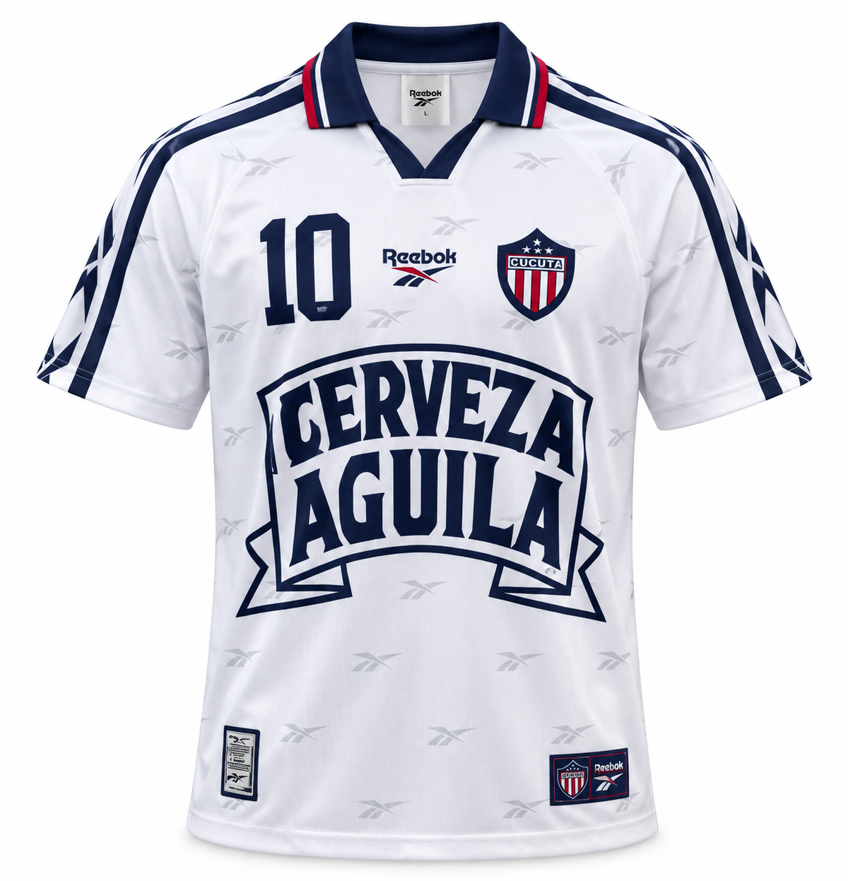Camiseta Retro Junior de Barranquilla 1998 blanca Reebok con Cerveza Águila y el 10 al pecho - frente