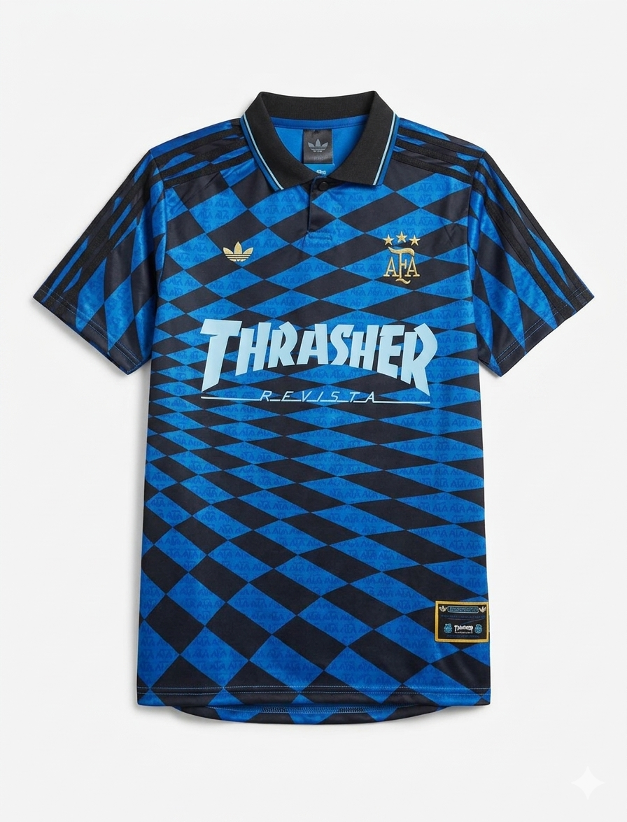 Camiseta Thrasher Adidas Argentina de frente en plano detalle urbano premium
