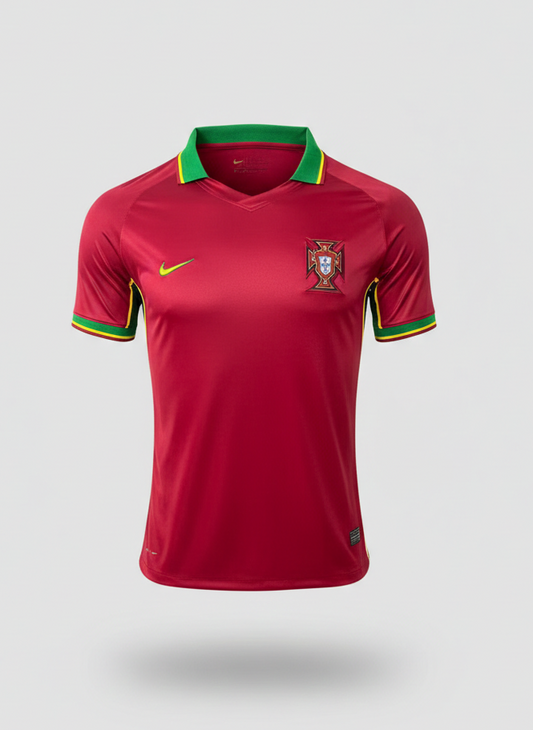 Camiseta oficial de Portugal Nike temporada 2018-2019, tela deportiva Dry-Fit color rojo con detalles dorados y escudo bordado.