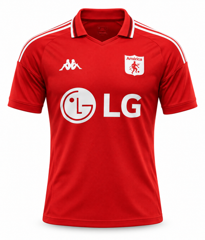 Camiseta retro roja del América de Cali con cuello blanco, marca Kappa y LG al pecho, foto de estudio