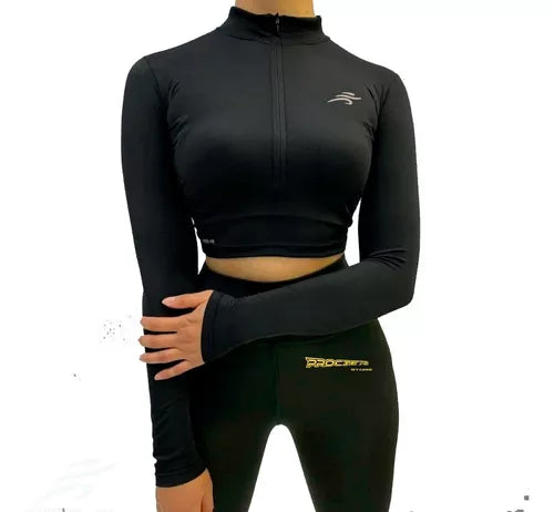 Crop Top Manga Larga Dama Deportiva Lycra Con Cremallera - Velocity Savage