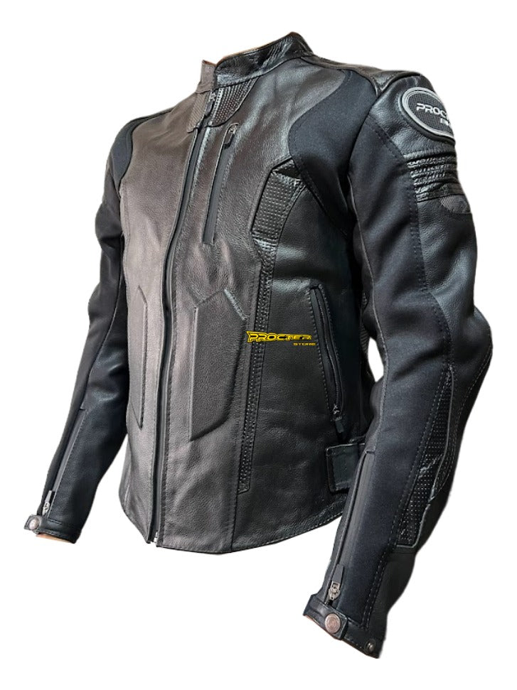 Chaqueta 100% Cuero Protección Reflectiva Moto Procter Msi Negro